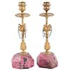 Pair of Russian Gilt Bronze & Rhodonite Candlesticks with Eagle