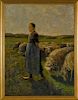 Oil on canvas of a girl with sheep, early 20th c.