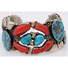 Navajo Silver, Turquoise and Coral Cuff Bracelet, with Gold Accents