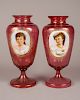 Pair of Red Bohemian Glass & Enamel Painted Vases