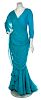 * A Jackie O Teal Silk Evening Gown, Size 10.