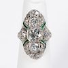 Art Deco Platinum, Emerald & Diamond Filigree Ring