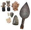 Six Small  Earthenware Figural Items, Two Tools