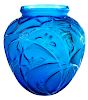 R. Lalique Sauterelles Style Blue Glass Vase