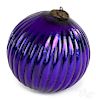 German Kugel blue ribbed ball Christmas ornament