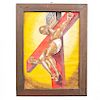 Horacio Rentería. Crucifixión. Firmado y fechado '55. Gouache sobre papel. Enmarcado en madera. 67 x 48 cm.