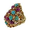 1970s 14K Gold Ruby Diamond Turquoise Free Form Ring