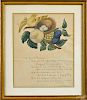 Pen and ink watercolor poem, mid 19th c., having