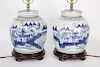 Pair of Blue and White Canton Style Covered Ginger Jar Lamps