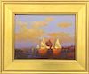 Vernon Broe Oil on Canvas Board "Three Schooners Docked at Sunset"