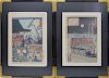 Two Hiroshige Japanese Woodblock Prints "Railroad at Shinagawa" and "Japanese Theatre"