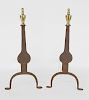 Pair of Antique Cast Iron Penny Foot Knife Blade Andirons with Brass Finial