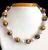 16mm Tiger's Eye Bead Engraved with Gold Necklace with White and Gold Pearls