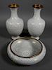 3 Pc Chinese White Cloisonne, Vases & Bowl