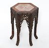 Chinese Hexagonal Carved Wood Stand w Stone Top