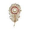 Antique Ruby Diamond and Pearl En Tremblant Feather Pin