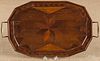 Parquetry inlaid tray, late 19th c., with brass h