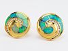 18K Gold Nautilus Shaped Opal Inlaid Earrings