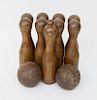 Antique Set of Carved Wood 9 Pins and Two Balls
