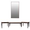 Lote de 3 mesas y espejo. Siglo XX. En talla de madera. Una de centro y 2 laterales. 39 x 120 x 54 cm y 168 x 82 x 5 cm.
