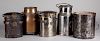 Five assorted metal buckets and containers