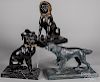 Pair of bronze dogs, and a white metal setter