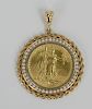 St. Gaudens 1908 Double Eagle $20 Gold Coin in 14 karat gold pendant holder. total weight 51 grams.