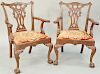 Pair of Charles Post Custom Mahogany Chippendale Style Armchairs, having carved pierce splat with carved arms and supports over slip seat with shell c