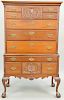 Charles Post Custom Mahogany Chippendale Style Flat Top Highboy, in two parts, upper portion having central shell carved drawer flanked by short drawe