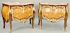 Pair of Louis XV Style Commode, zebrawood, kingwood, and parquetry veneered, ormolu mounted with rogue marble tops over two drawers. height 33 inches,