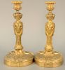 Pair of French Dore Bronze Candlesticks, 19th century, Directoire style each having three draped female bust with floral swags and acanthus leaves (re