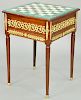 French Empire Ormolu Mounted Mahogany Games Table, slate top with malachite veneered game board, ormolu mounts profuse on skirt. height 28 inches, wid