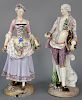Pair of Meissen Style Porcelain Figures, gardener and companion, 19th century, each figure carrying a basket with flowers on round painted base with a