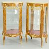 Pair of Louis XV Style Kingwood Veneered Vitrine, ormolu mounted marble topped, bowed glass on all four sides, glass shelves, late 20th century. heigh