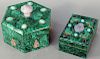 Two Malachite Boxes, six sided mounted with quartz handle and six stones, the second rectangular box mounted with hardstone center and small stones. s