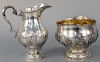 English Silver Creamer and Sugar, with repousse body on round base. 22.8 troy ounces. creamer height 6 1/4 inches, sugar height 4 1/4 inches, diameter