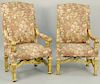 Pair of Large Louis XIV Style Open Armchairs, carved and giltwood with tapestry upholstery. height 55 inches, seat height 20 inches.