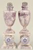 Pair of Amethyst Urns, neoclassical taste enameled and jewel crown form mount and enameled front medallion. height 14 1/2 inches.