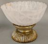 Monumental Continental Fluted Rock Crystal Centerpiece Bowl, on carved lotus form wood base, 20th century. height 7 inches, diameter 16 inches, height
