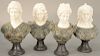 Set of Four Italian Marble Busts, 20th century, each depicting a lady in white marble with green marble clothes raised on conforming socles. height 11