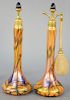 Pair of DiVilbiss Imperial Art Glass Perfume and Cologne Bottles, heart and vine pattern, atomizer perfume bottle, along with cologne bottle with glas