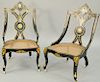 Two Victorian Ebonized and Mother of Pearl Inlaid Chairs, one armchair, the other a side chair, with carved seats and ceramic casters (losses and fill
