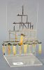 Ludwig Wolpert Hanukkah Lamp, open work with acrylic stand "to praise you is a delight" having nine removable glass oil jars marked Wolpert made in Is