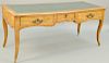 Louis XV Walnut Writing Desk, French provincial with inset embossed green leather writing surface, three short drawers on cabriole legs, late 19th cen