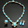 Turquoise Diamond 18k Yellow Gold Detachable Brooch Necklace Ring & Earrings Set