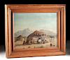 Framed Painting of West w/ Wickiups & Figures - 1920's