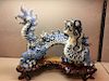 Heavy Porcelain Blue & White Vintage Chinese Feng Shui Dragon Carved Wood Base