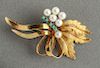 18K Yellow Gold Pearls & Turquoise Brooch