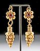 Roman 23K+ Gold Grape Cluster Earrings w/ Garnets