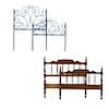 Lote de 2 camas individuales. Siglo XX. En madera y metal color azul. Con cabeceras, pieceras y una con largueros.